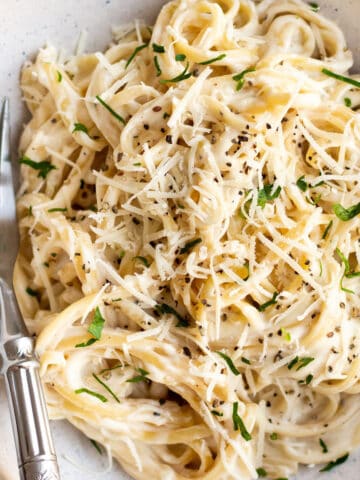 white pasta sauce tossed with noodles in a serving bowl