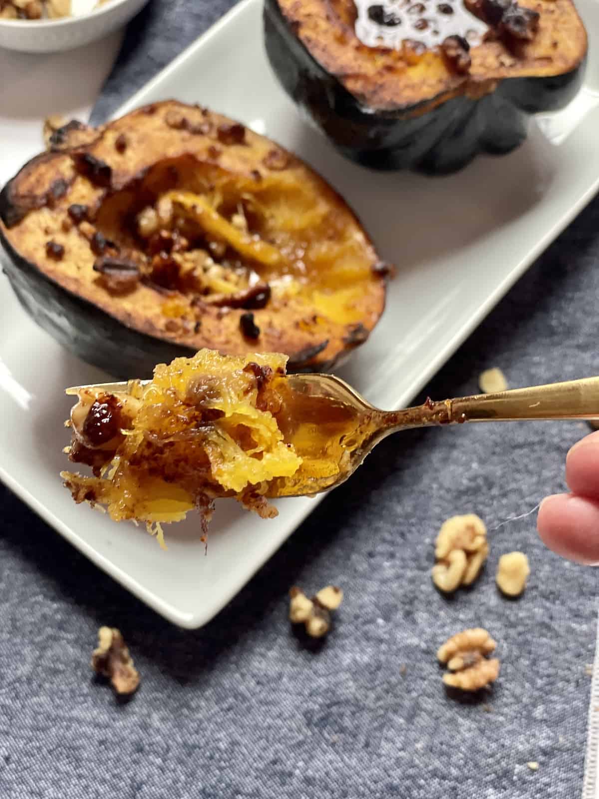 a piece of air fried acorn squash on a fork 