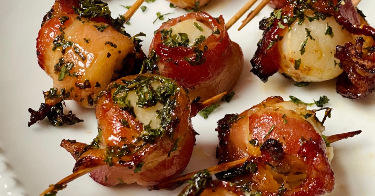 Bacon Wrapped Scallops, Marinated to Perfection