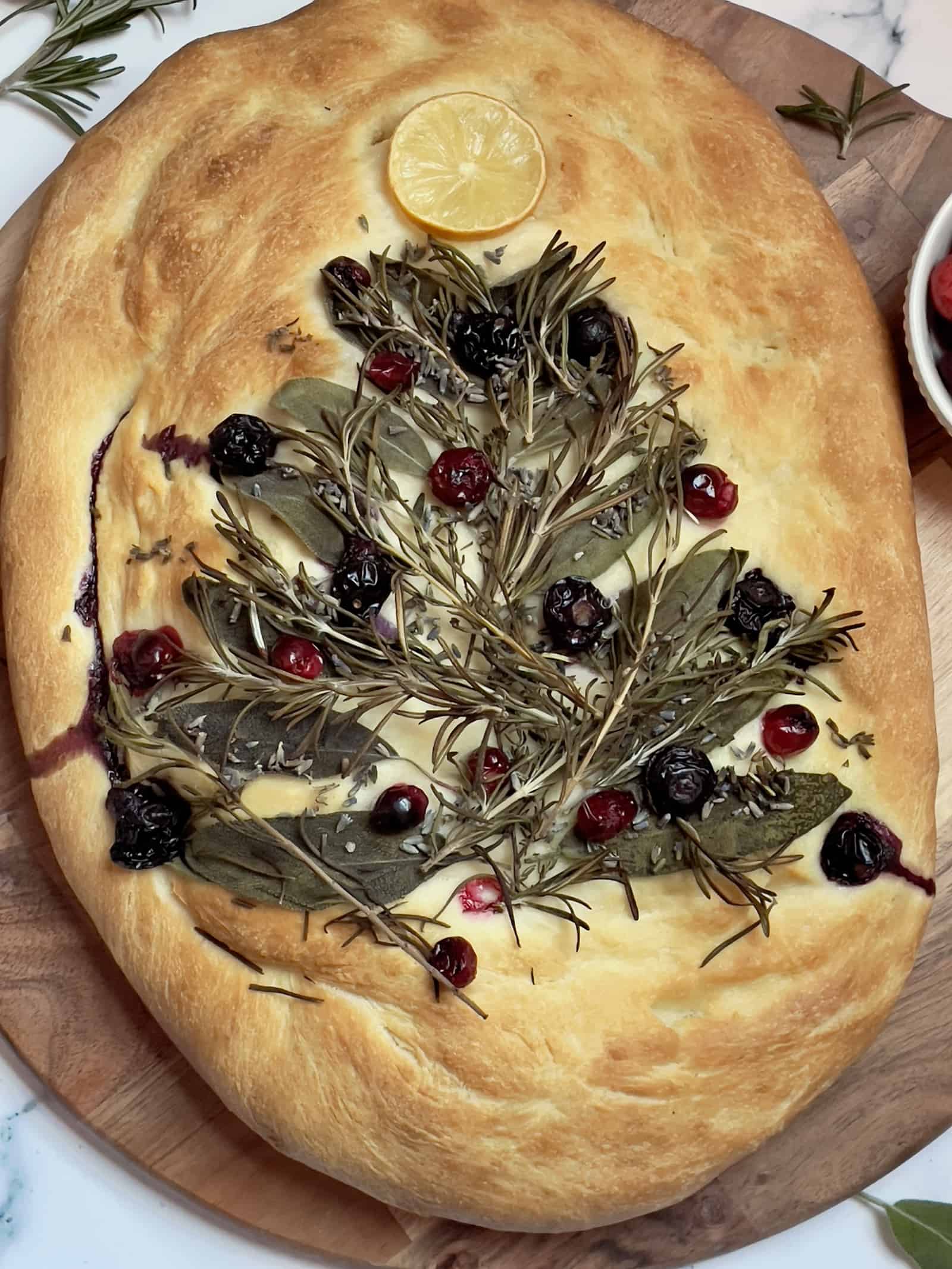 Christmas focaccia bread on a serving platter