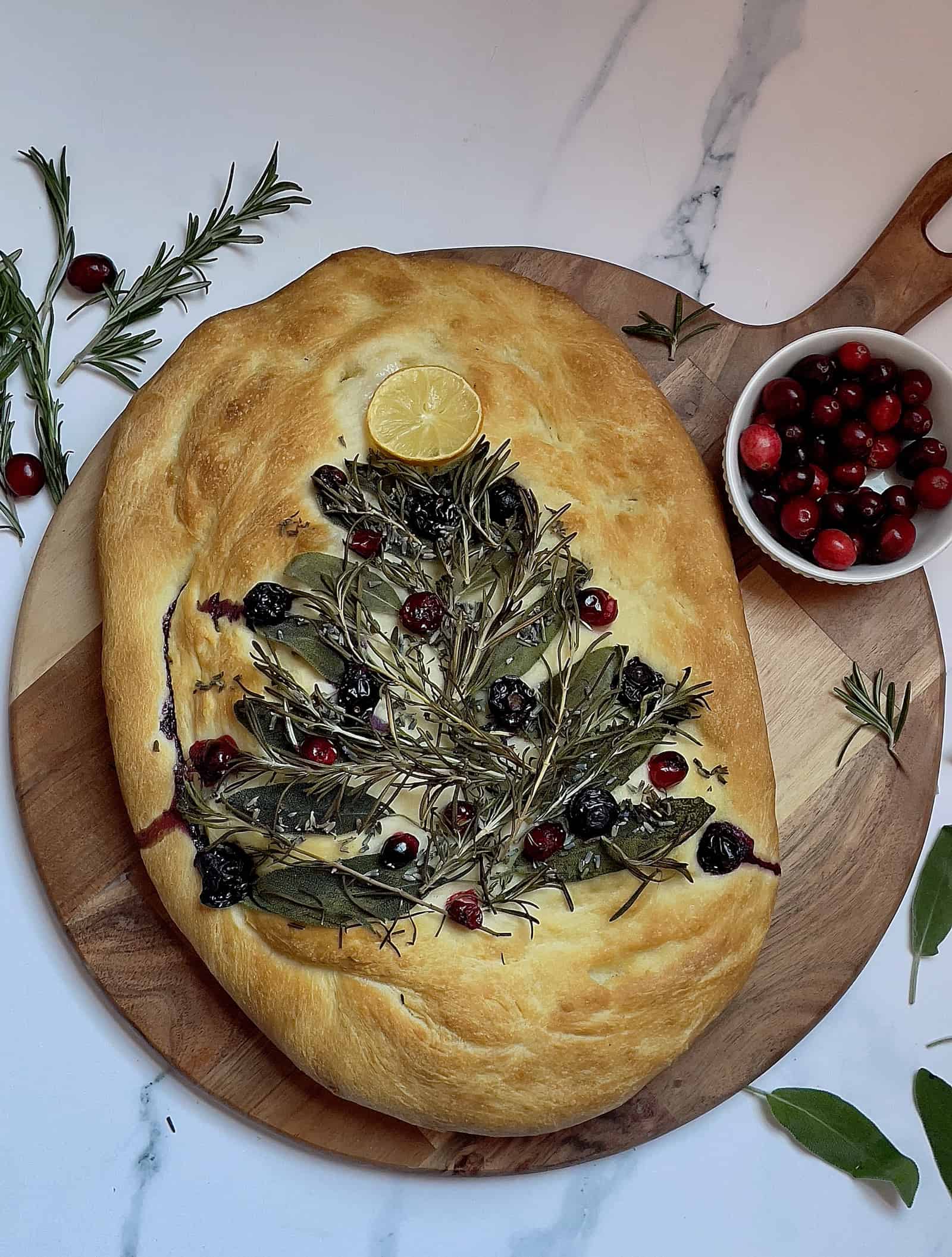 christmas tree focaccia bread on a serving platter