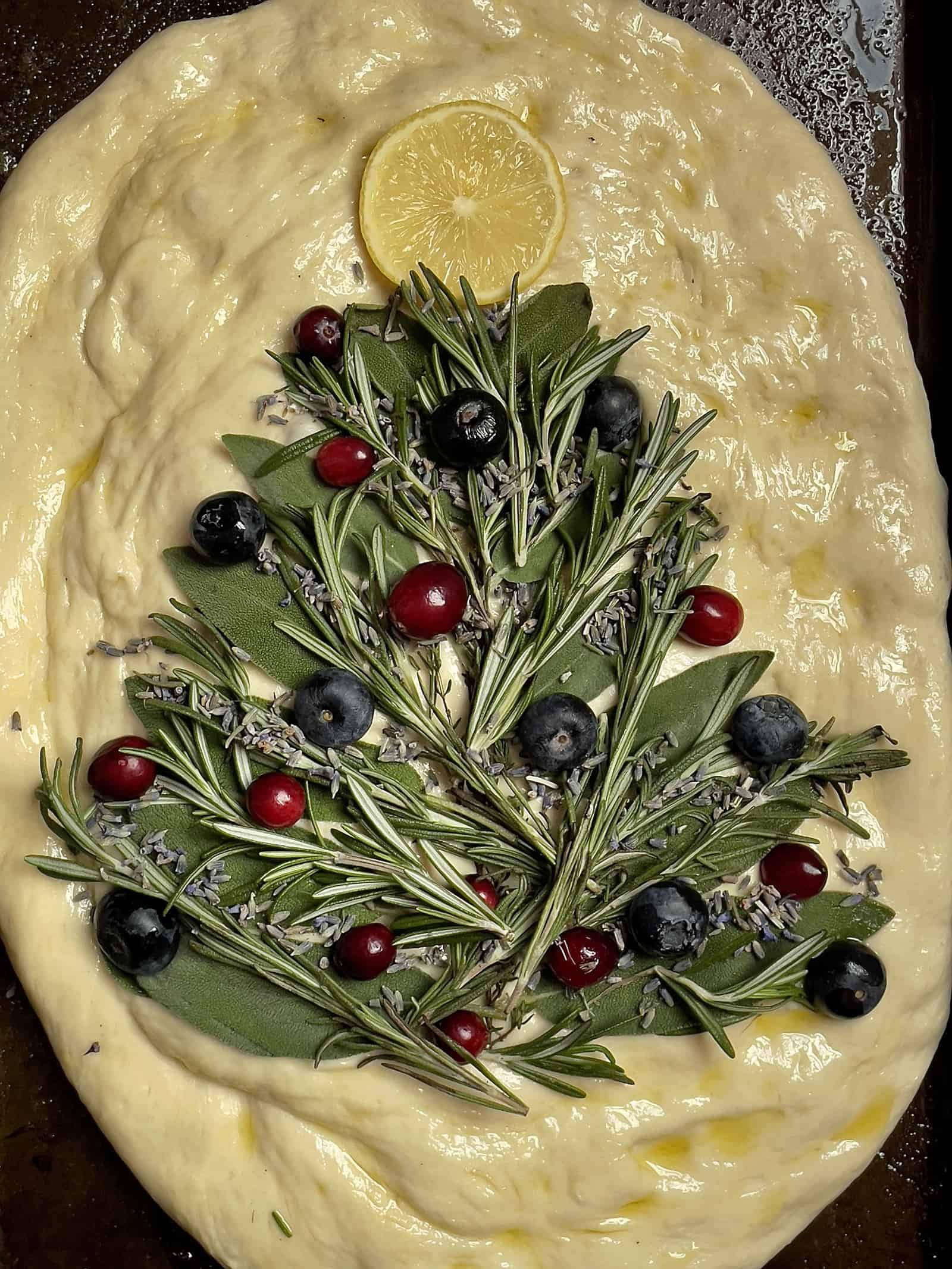 christmas tree herbed design on focaccia dough