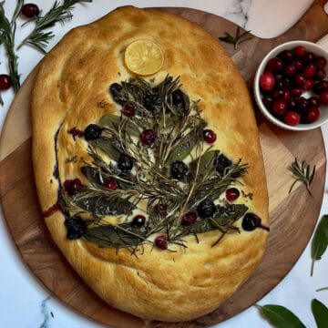 Christmas focaccia on a serving platter