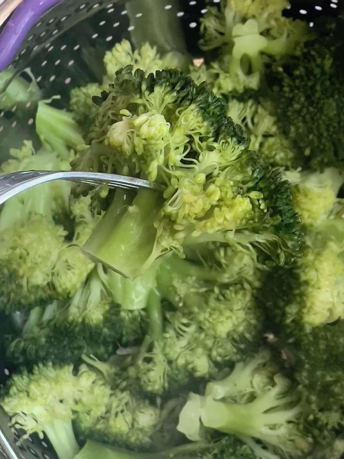 a fork poking a piece of cooked broccoli