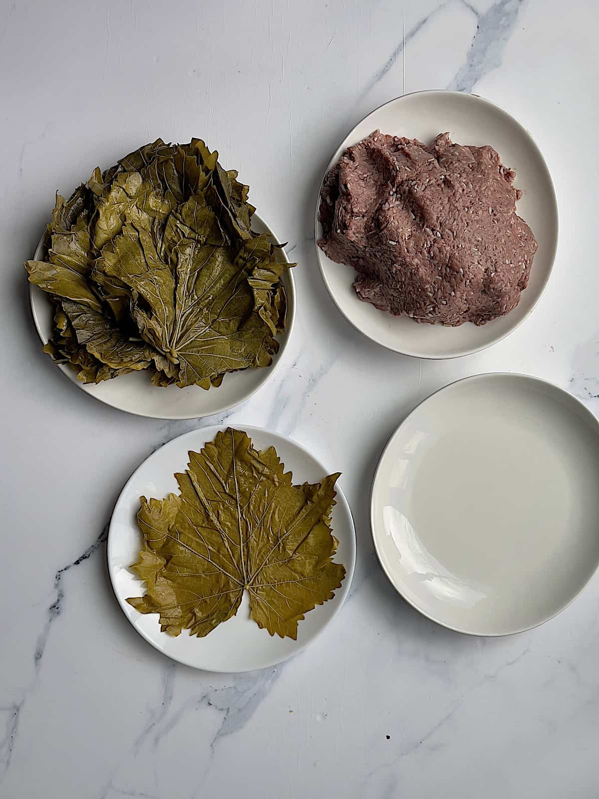 grape vine leaves on a plate, an empty plate, a plate of ground lamb