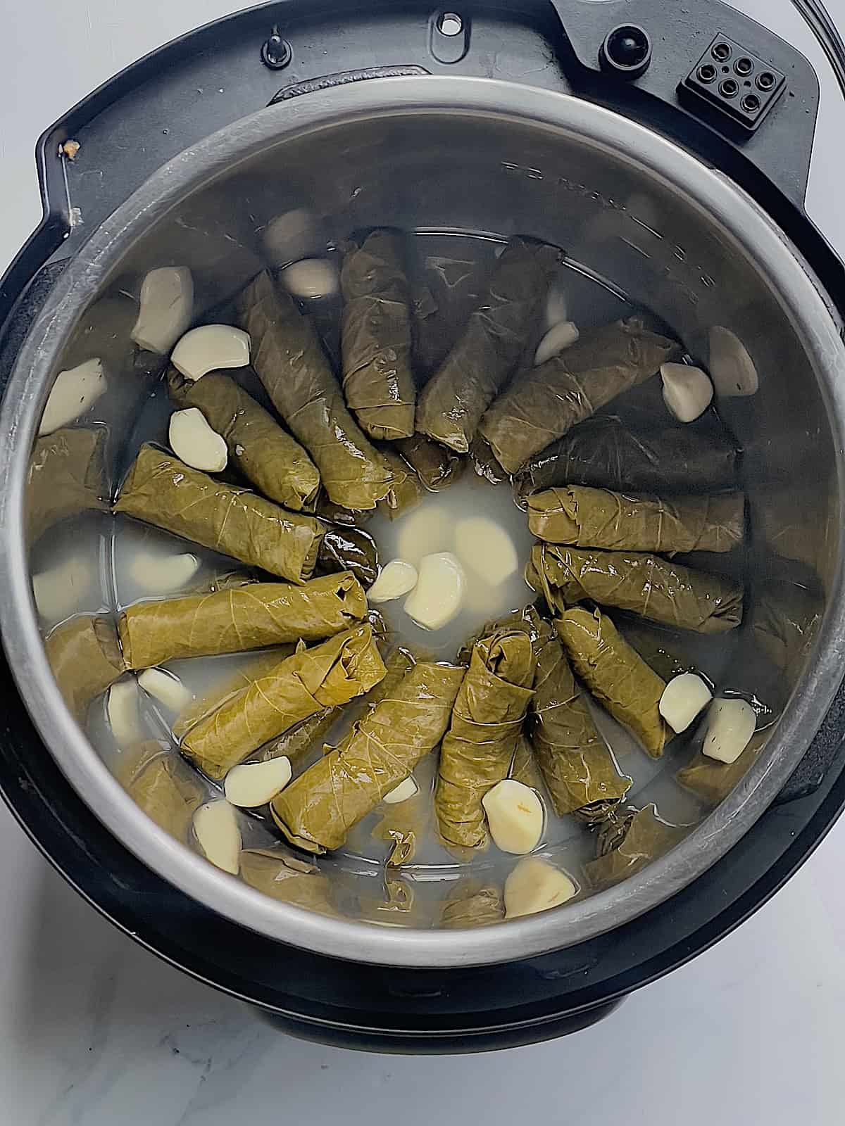 stuffed grape leaves stacked in an instant pot surrounded by garlic cloves
