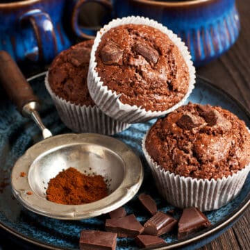 double chocolate muffins on a plate with cocoa and chocolate chips