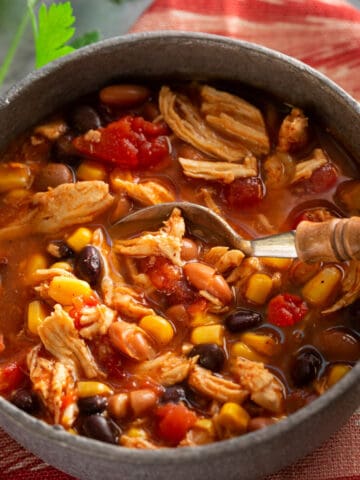 slow cooker taco soup in a gray bowl