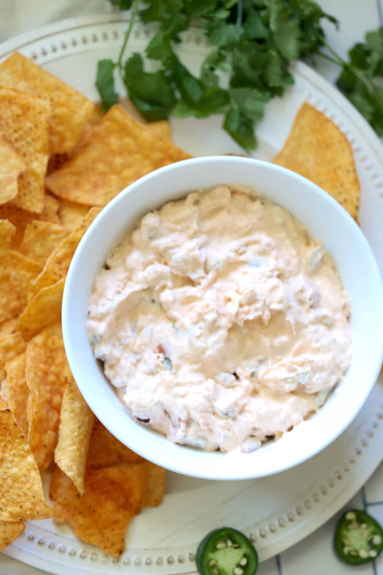 creamy jalapeno popper dip in a white bowl surrounded by tortilla chips