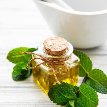 pressure cooker peppermint extract in a glass bottle surrounded by mint leaves