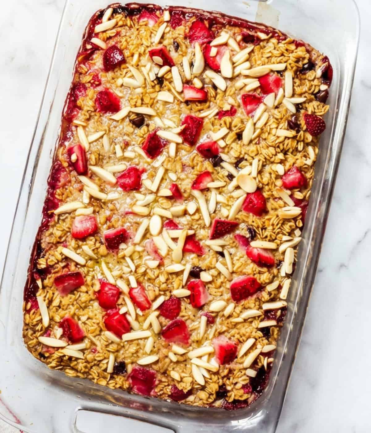 baked strawberry oatmeal in a casserole dish