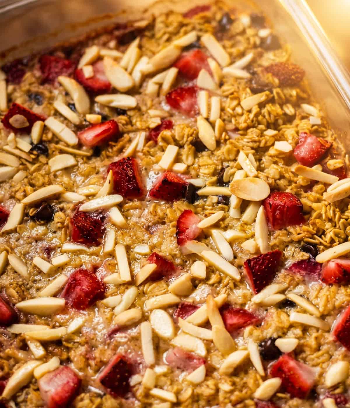 close up of baked strawberry oatmeal