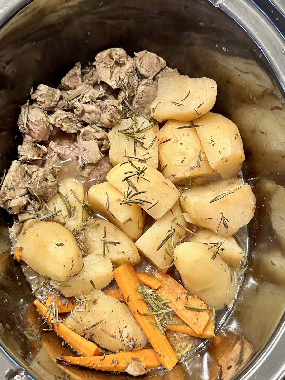 slow cooked lamb, potatoes and carrots