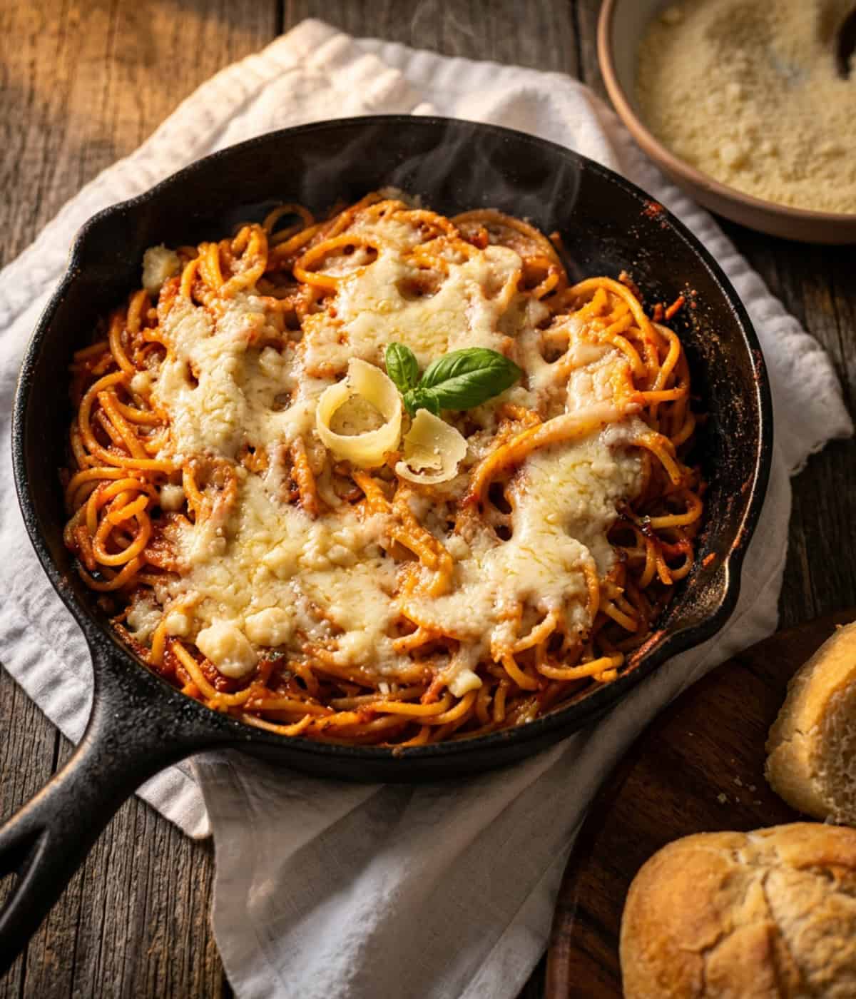 cheesy fried spaghetti in a cast iron skillet