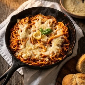 fried spaghetti in a cast iron skillet