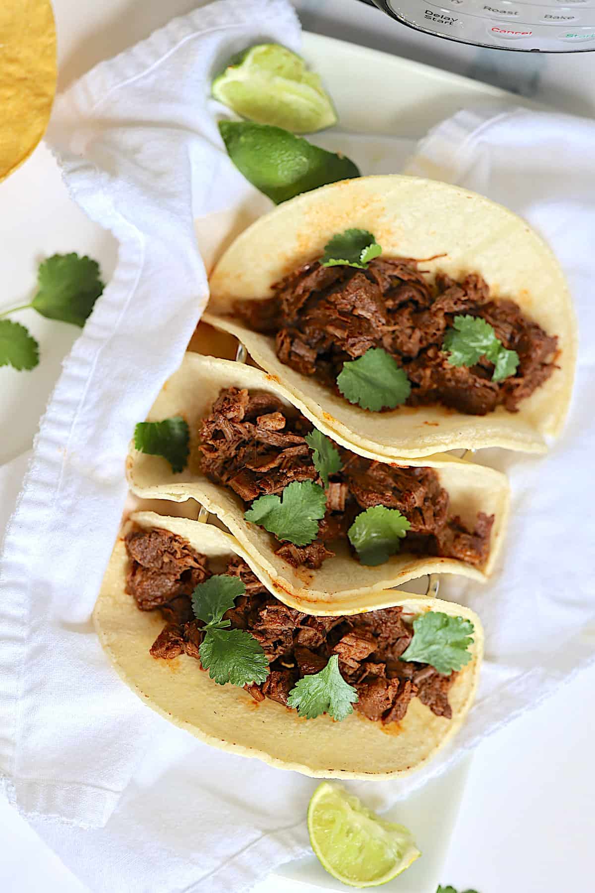shredded beef tacos on a white background