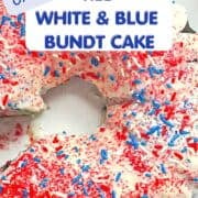 bundt cake topped with vanilla glaze and red white and blue sprinkles on a plate