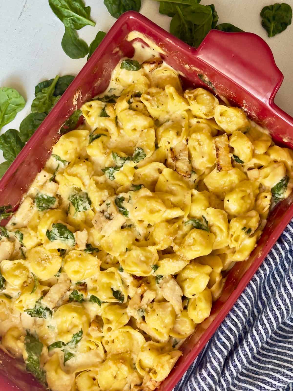 chicken tortellini bake in a casserole dish