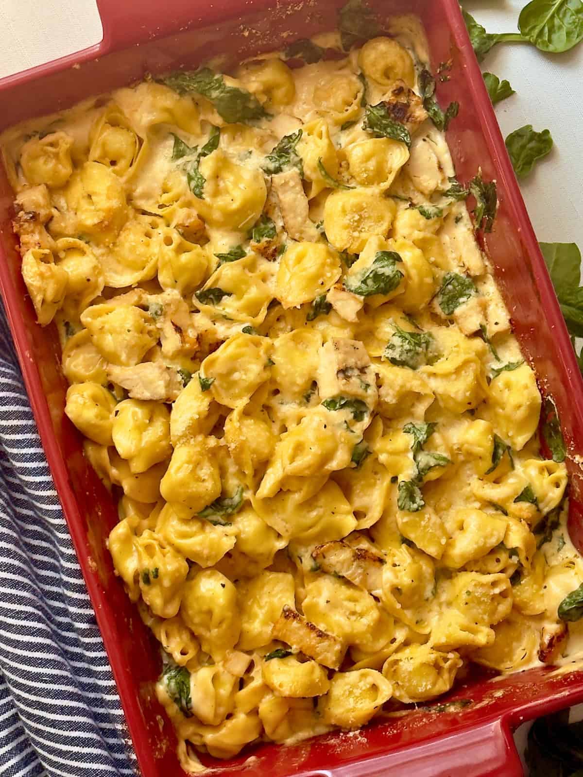 chicken tortellini casserole in a baking dish