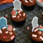 zombie cupcakes on a baking sheet