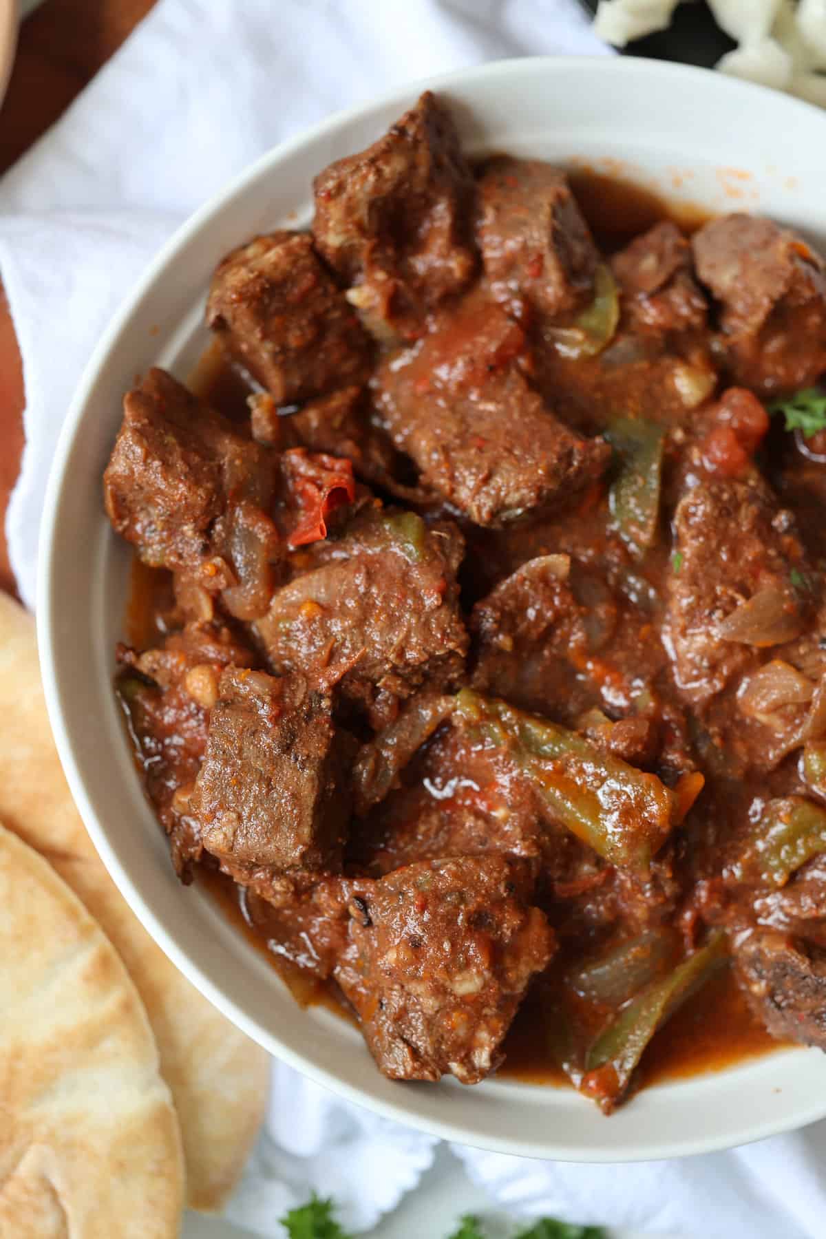 slow cooked middle eastern beef stew in a serving platter