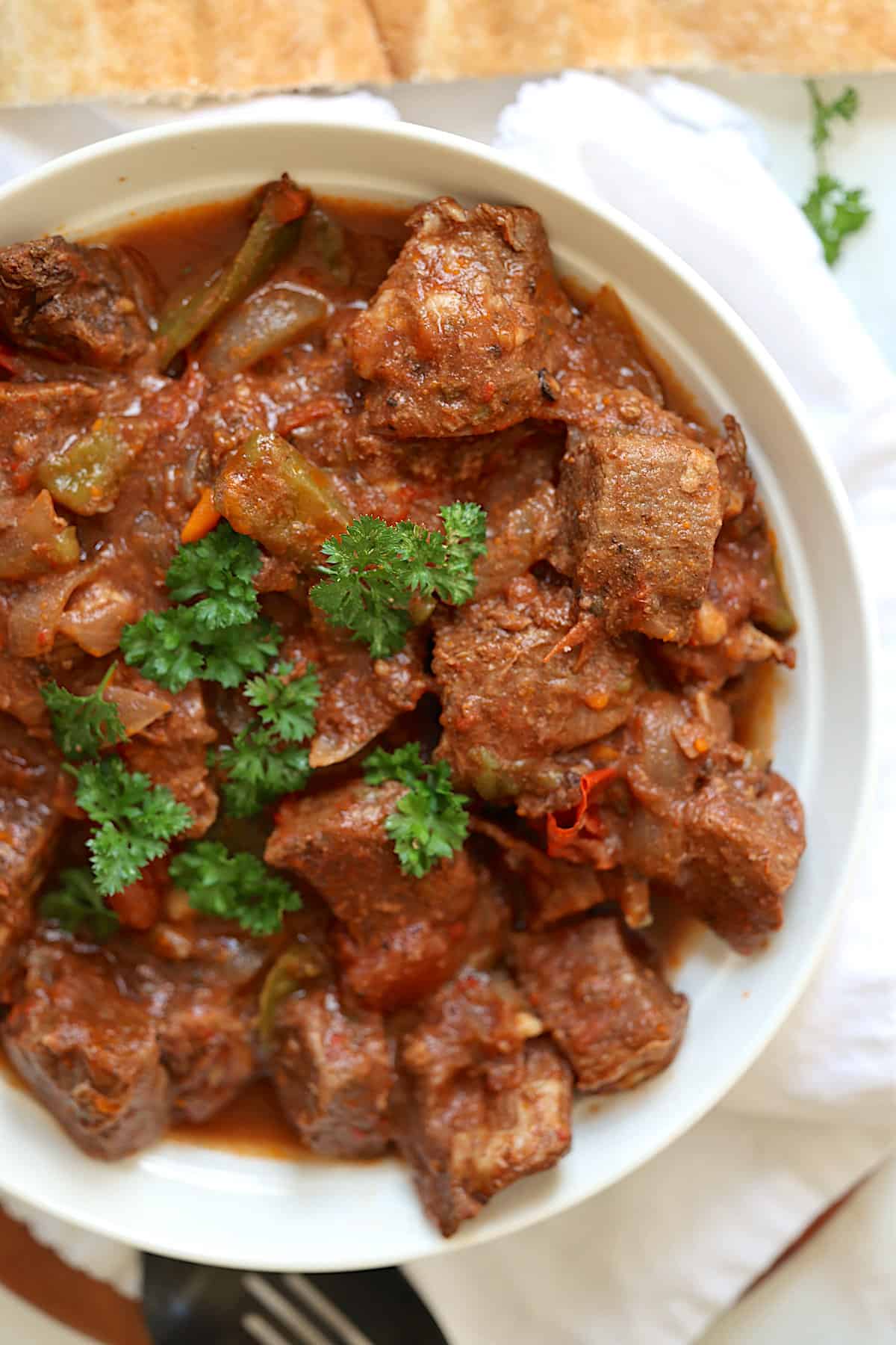 Middle Eastern beef stew in a serving dish