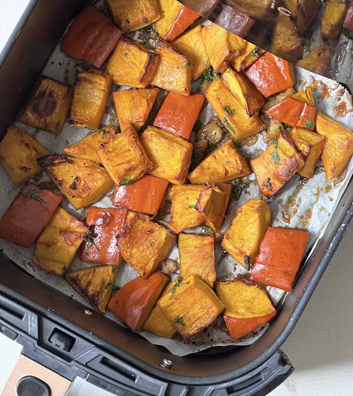 air fried pumpkin cubes in the basket