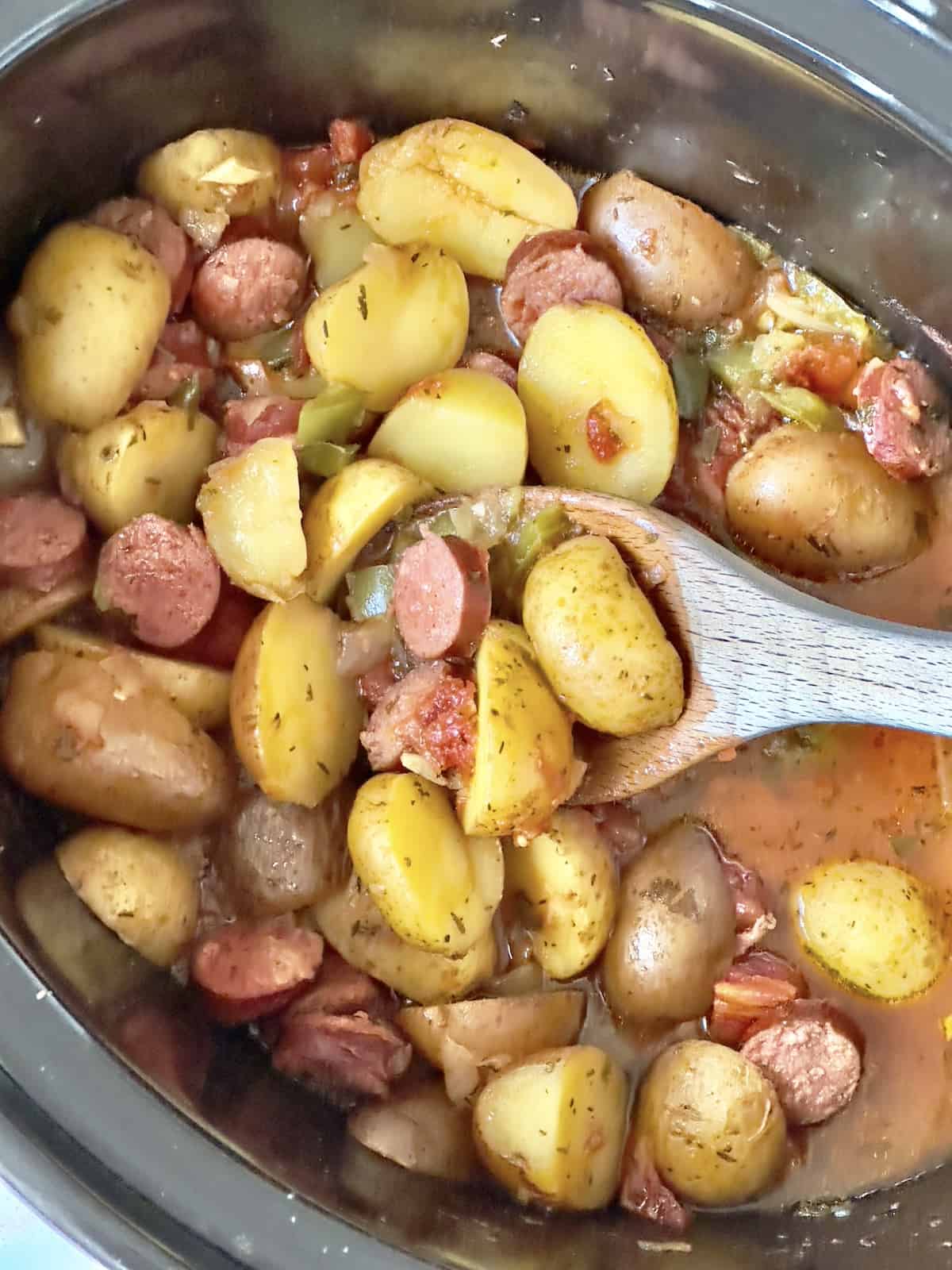 cooked crockpot sausage and potatoes
