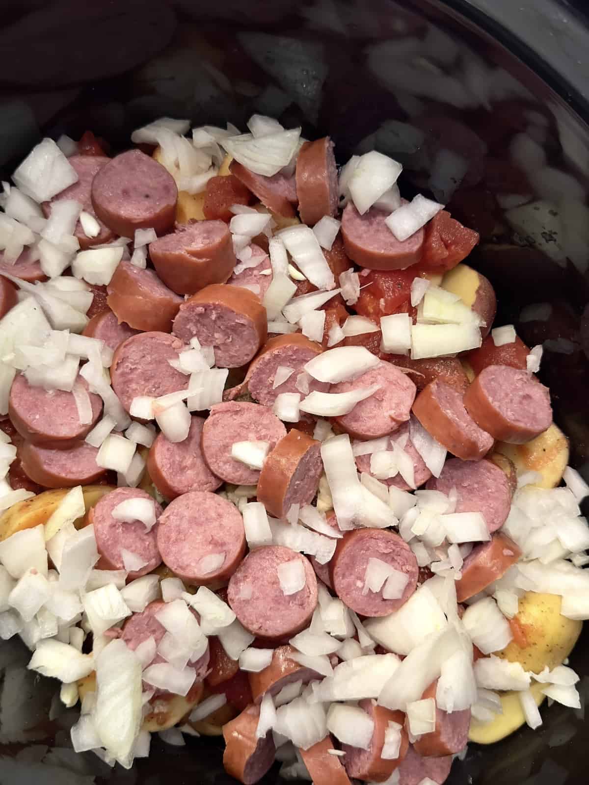 kielbasa, tomatoes, onions, garlic and seasonings in a crockpot