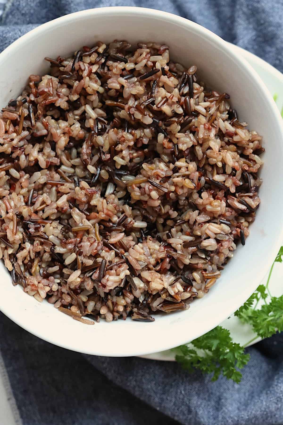 instant pot wild rice in a white bowl