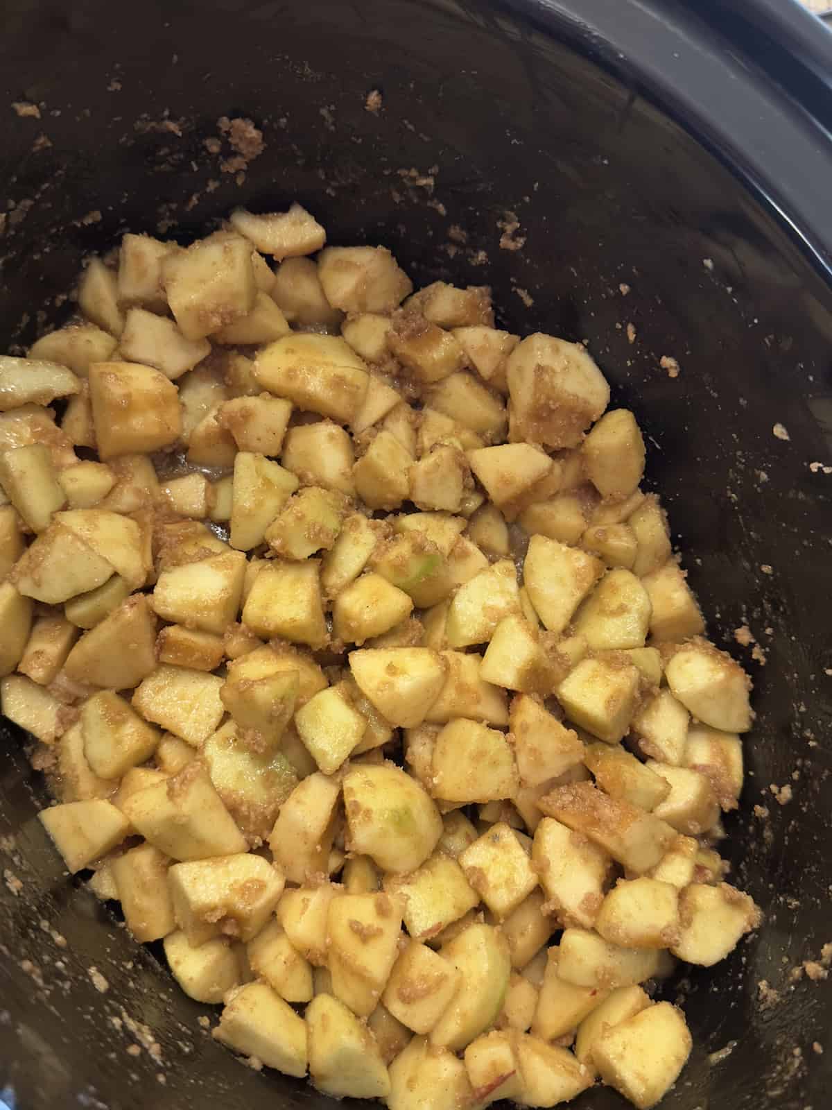 uncooked apple pie filling in a slow cooker