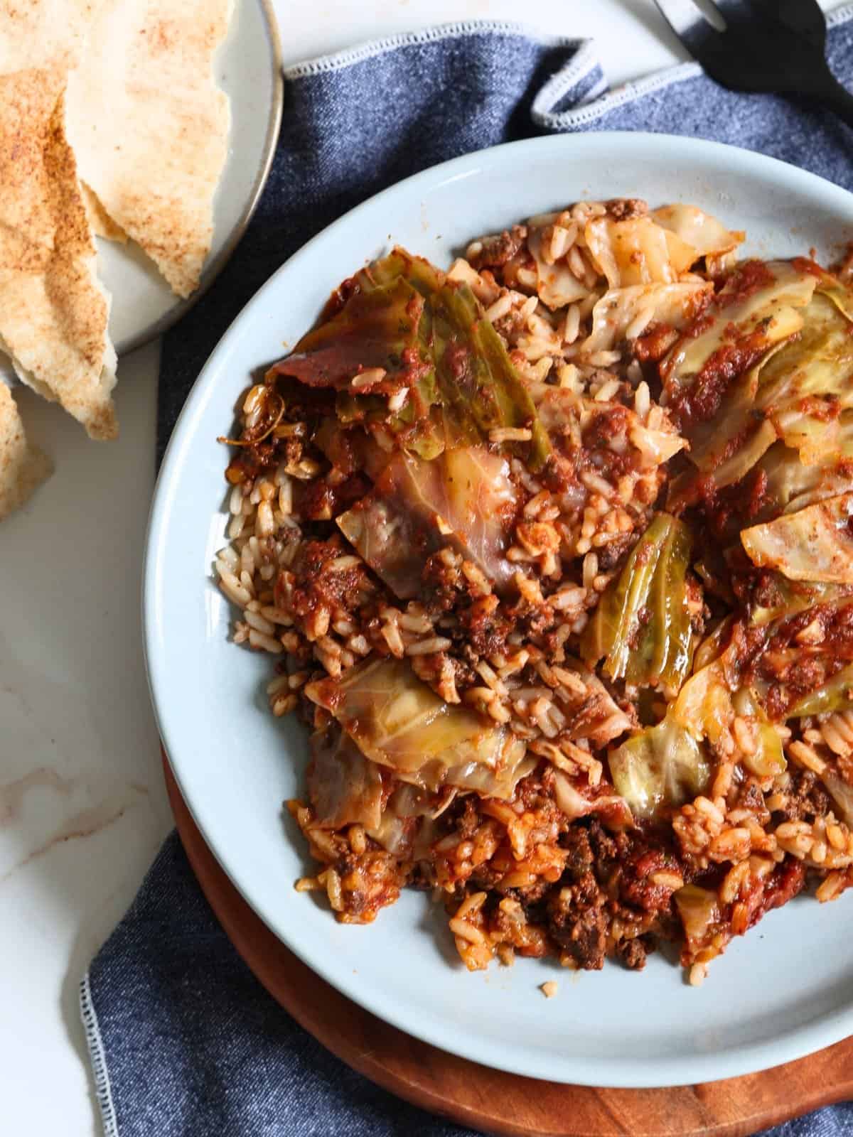 slow cooker cabbage roll casserole on a white plate