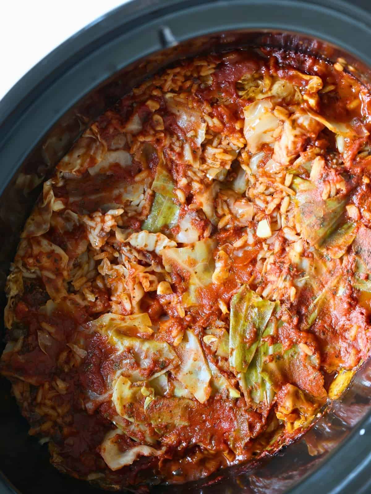 cooked cabbage casserole in a crockpot