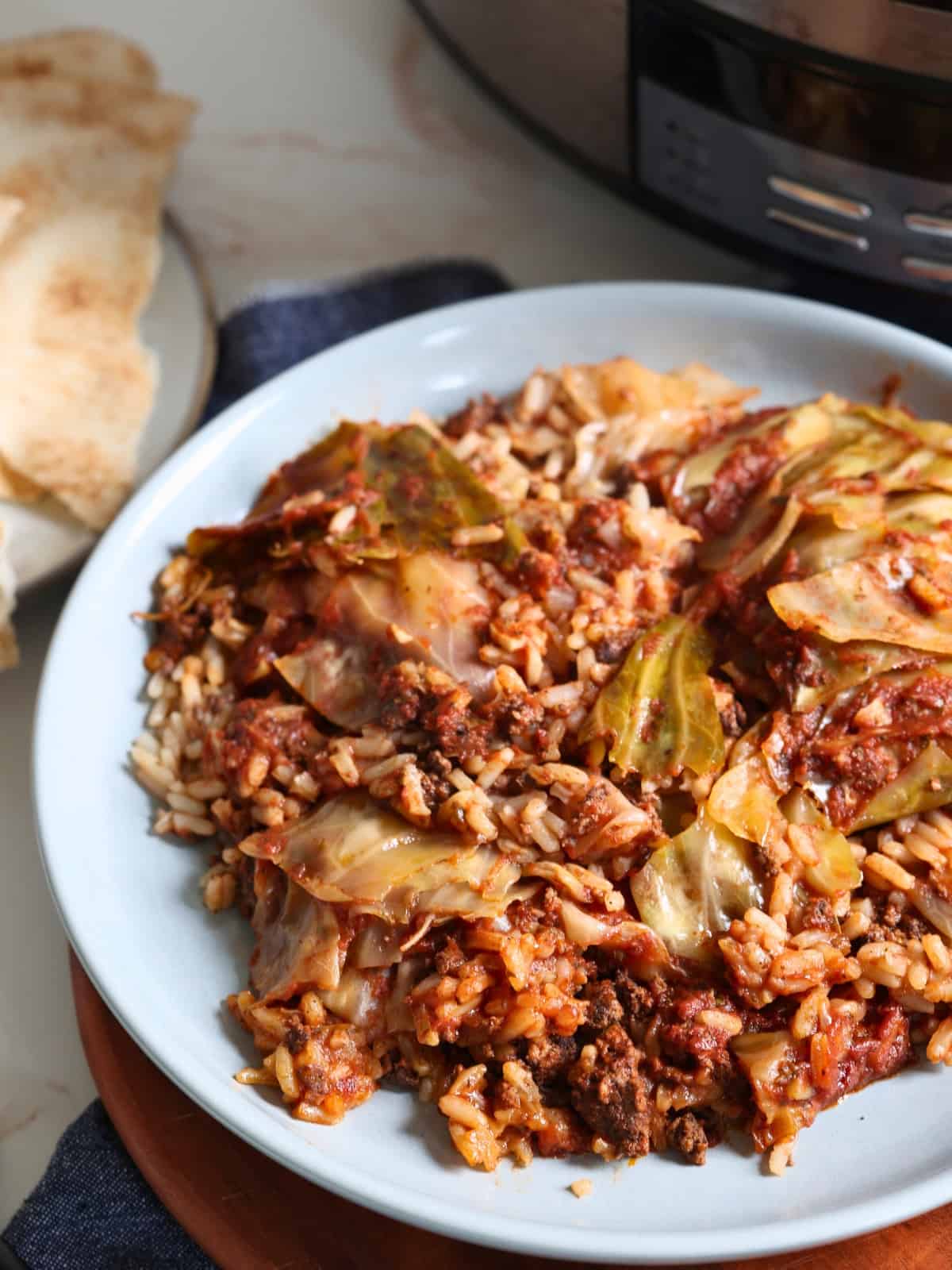 slow cooker cabbage roll casserole in a gray plate