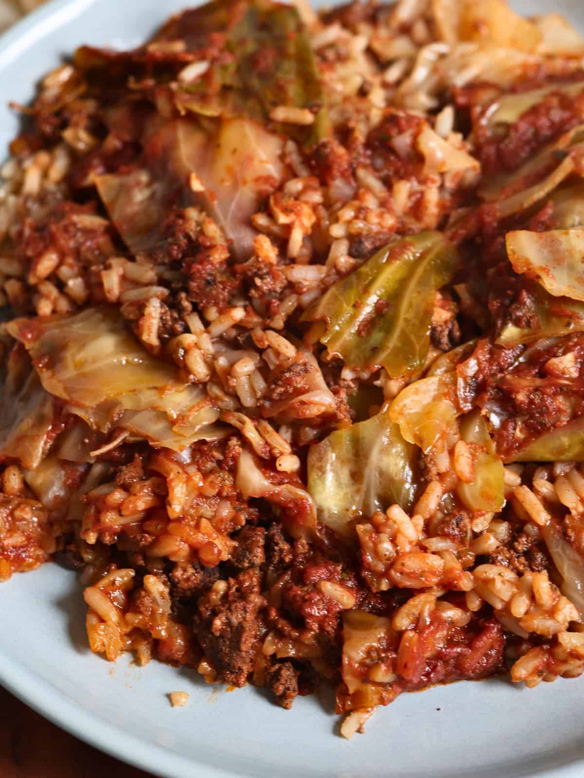 slow cooker cabbage roll casserole in a gray plate