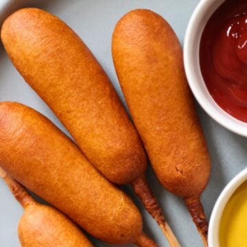 air fried corn dogs in a grey plate