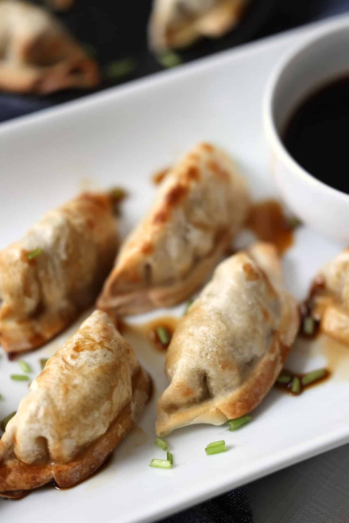 closeup of air fried potstickers