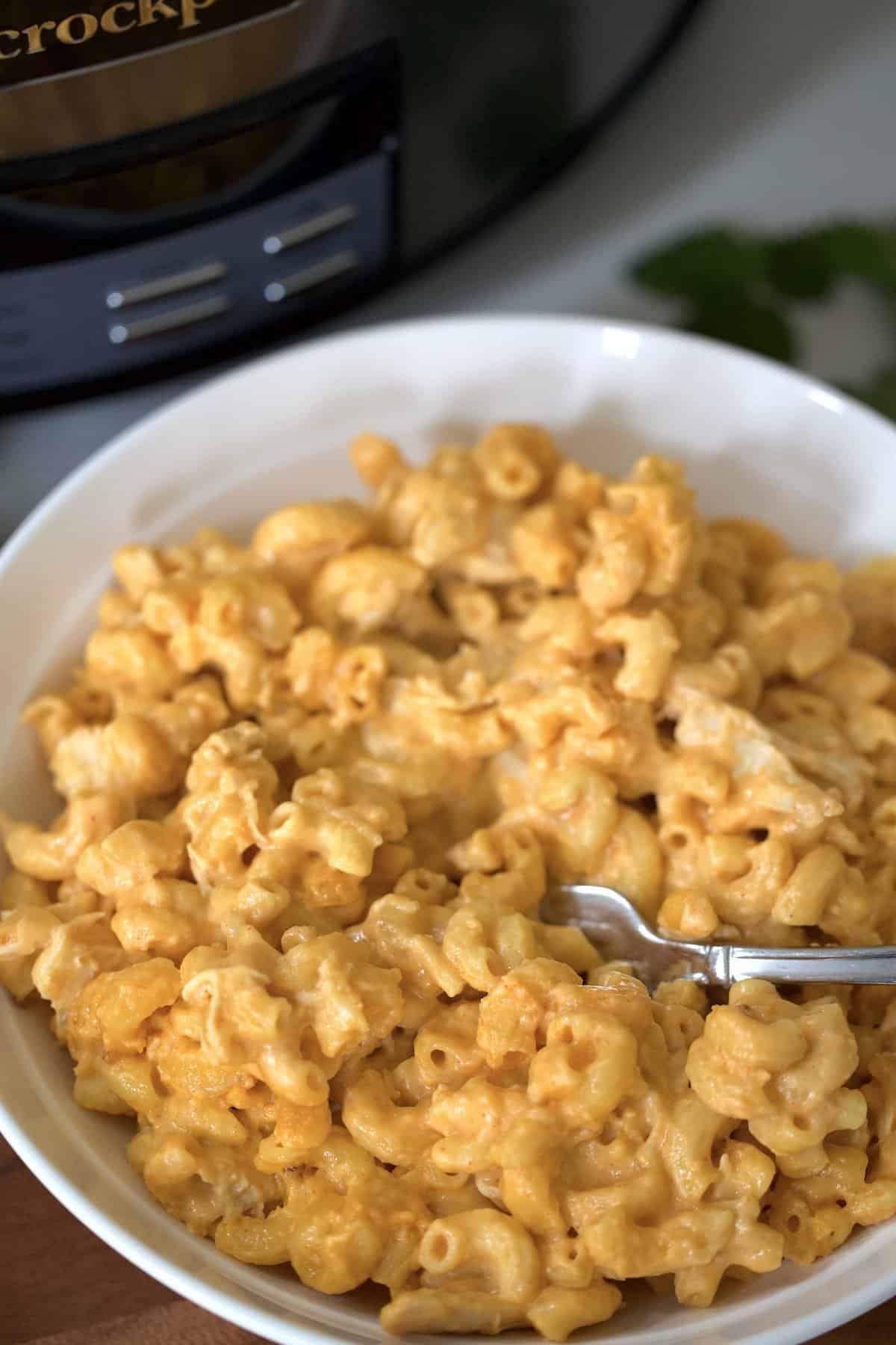 crockpot buffalo chicken macaroni and cheese in a white bowl