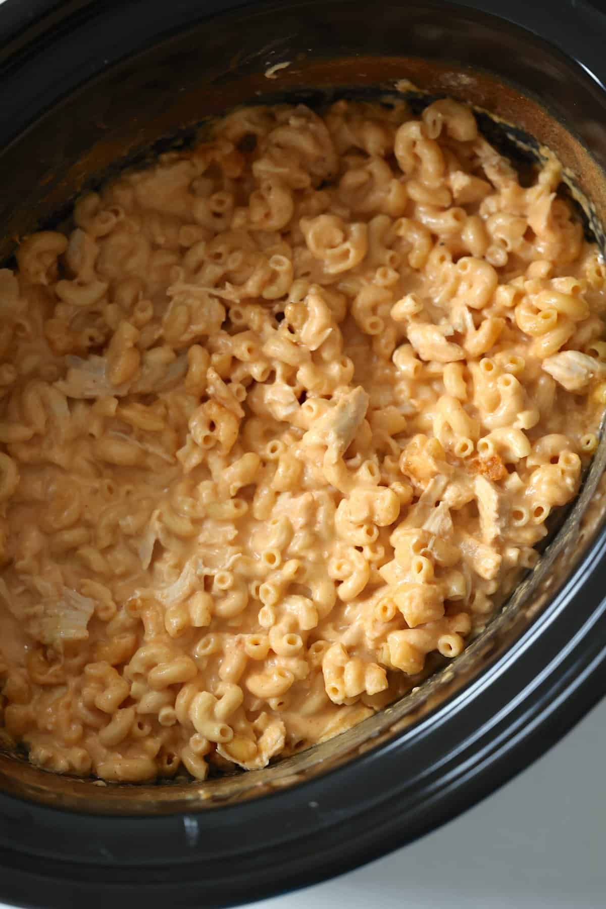 crockpot buffalo chicken mac and cheese in the slow cooker