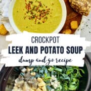 slow cooker leek and potato soup in a white bowl topped with croutons