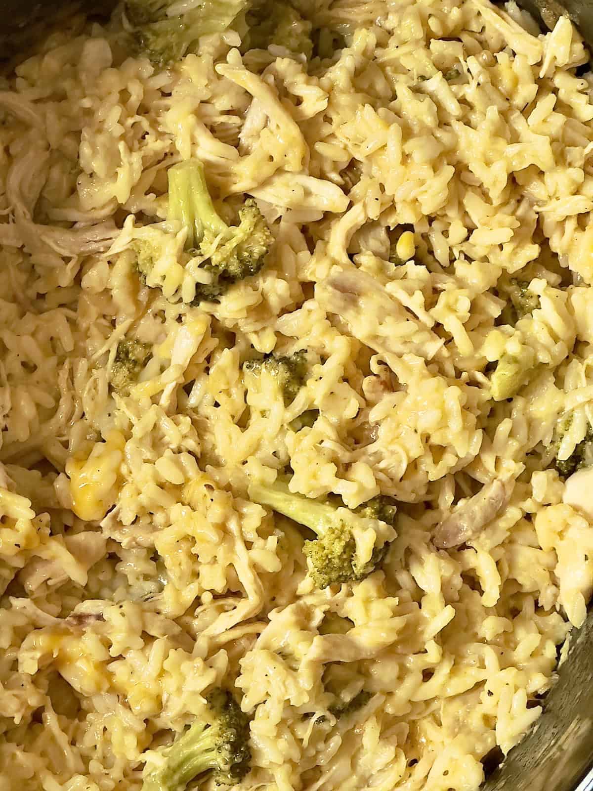close up of crockpot chicken broccoli rice casserole