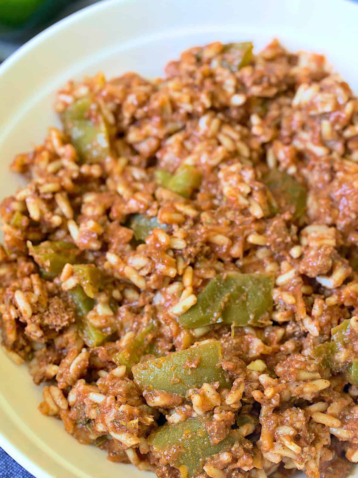 closeup of stuffed pepper casserole in a white plate