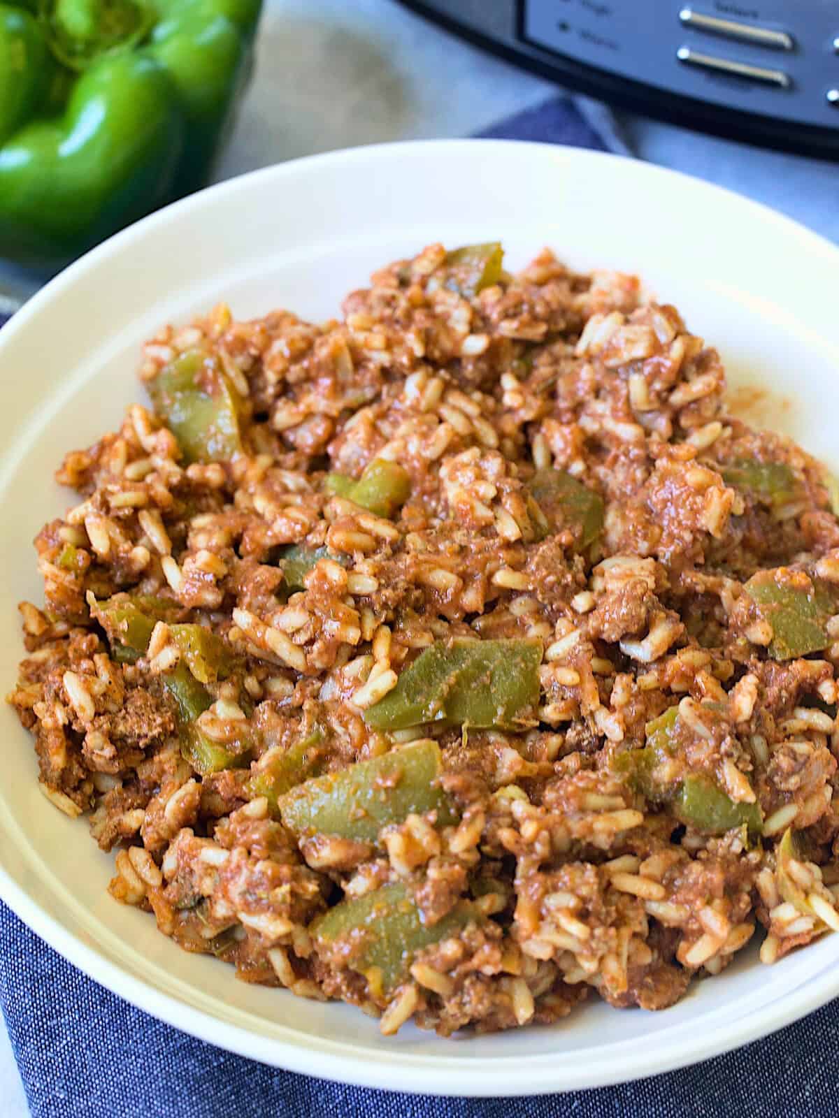 crockpot stuffed pepper casserole in a white place