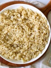 instant pot brown rice in a white bowl