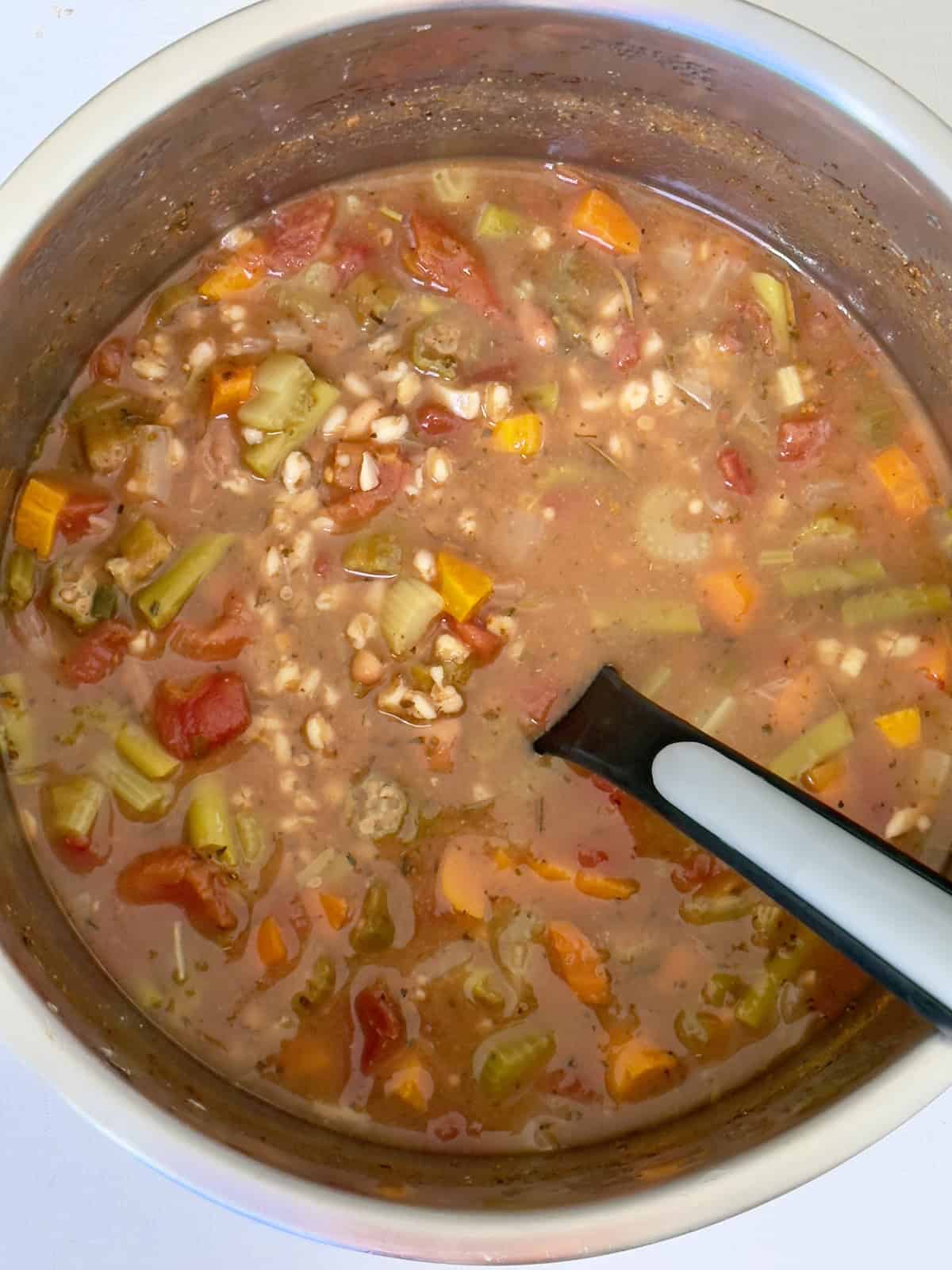 pressure cooker vegetable farro soup in an innter pot