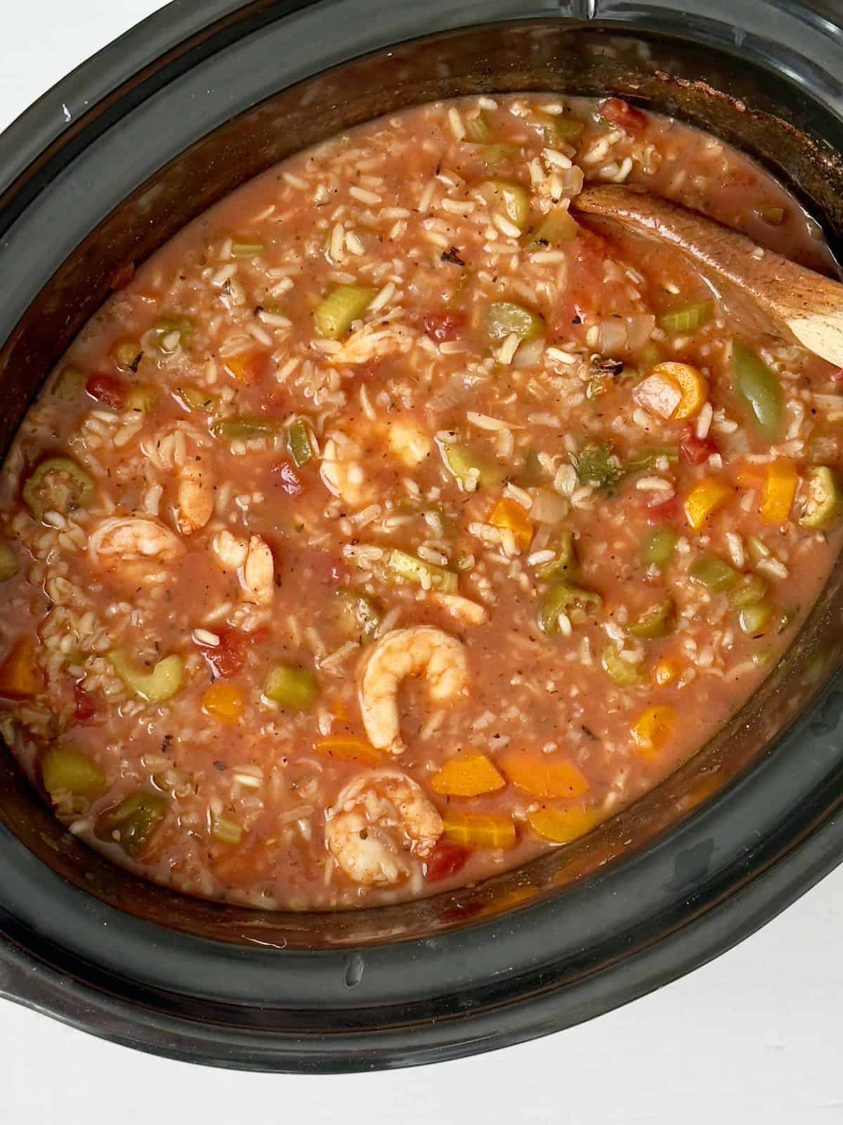 shrimp jambalaya soup in a crockpot