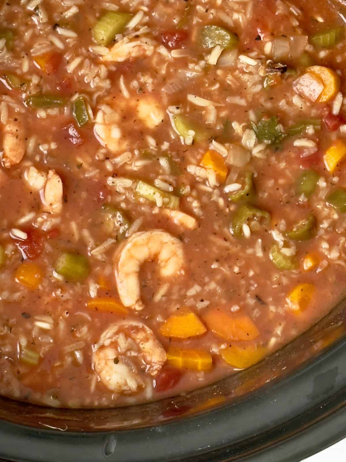 close up of jambalaya soup in a slow cooker