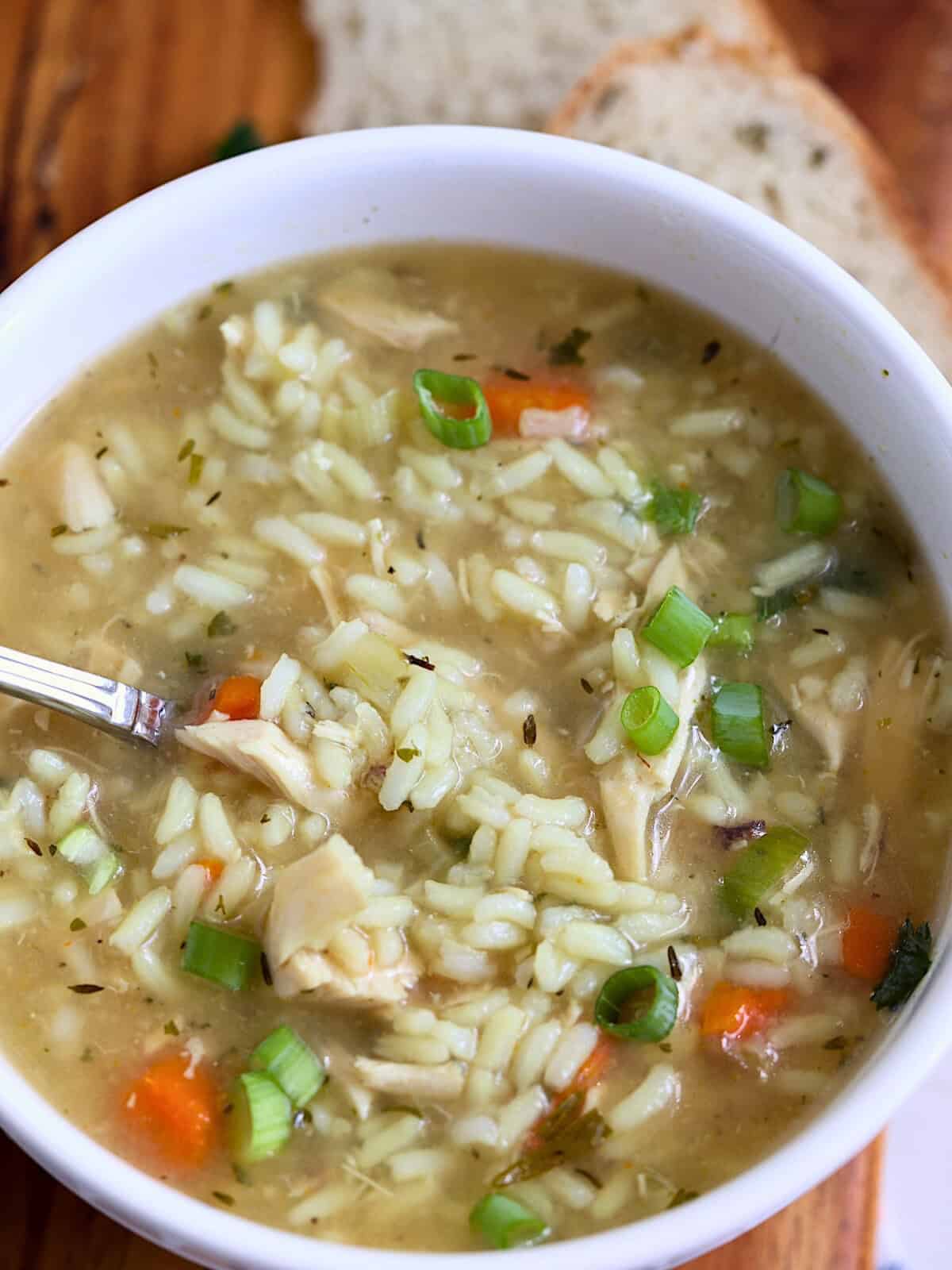 close up of chicken and rice slow cooker soup