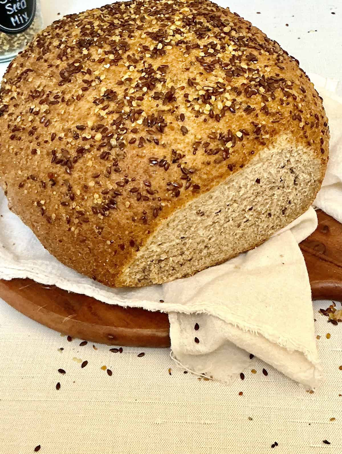 sliced flax bread on a cutting board