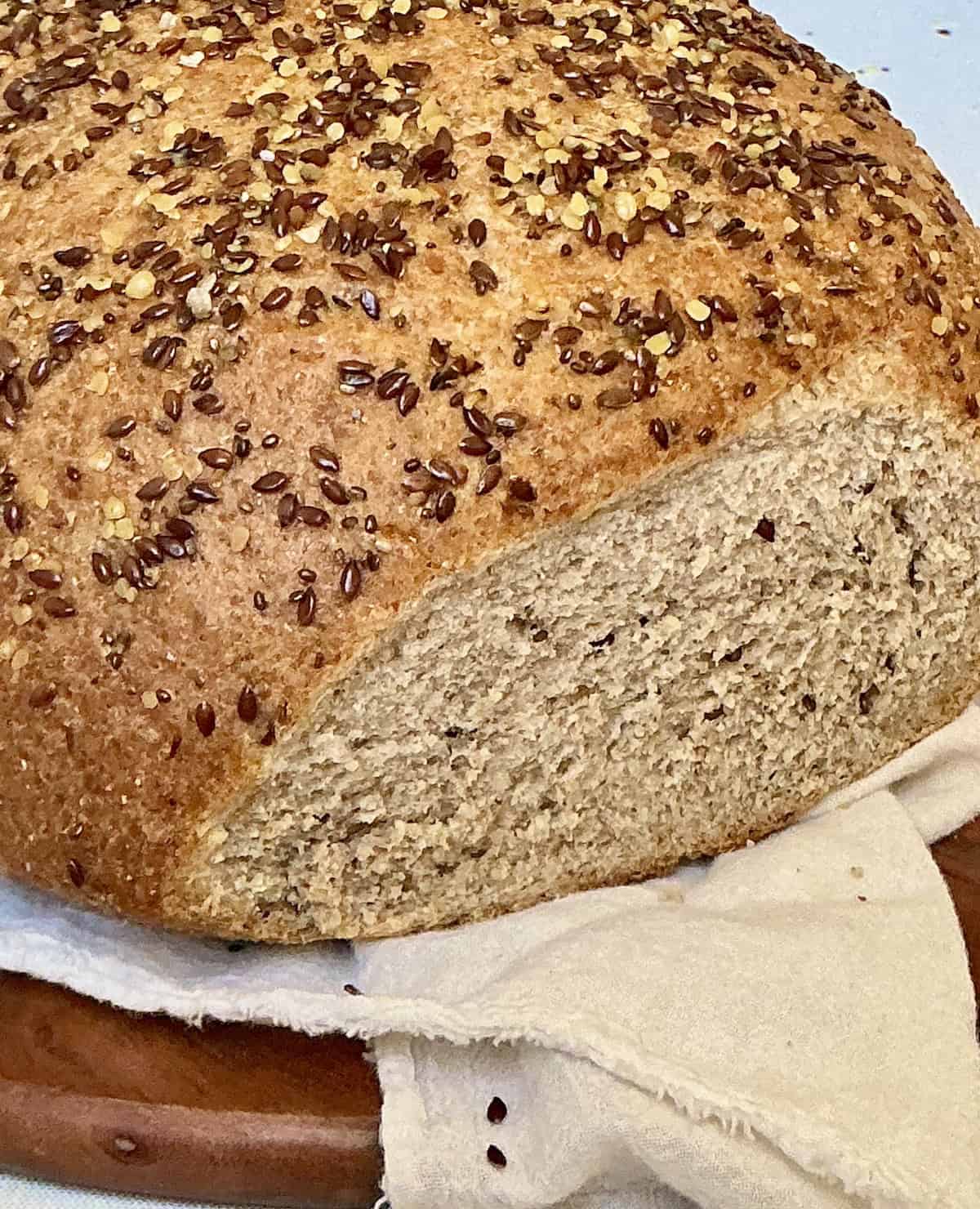 close up of flaxseed bread machine bread